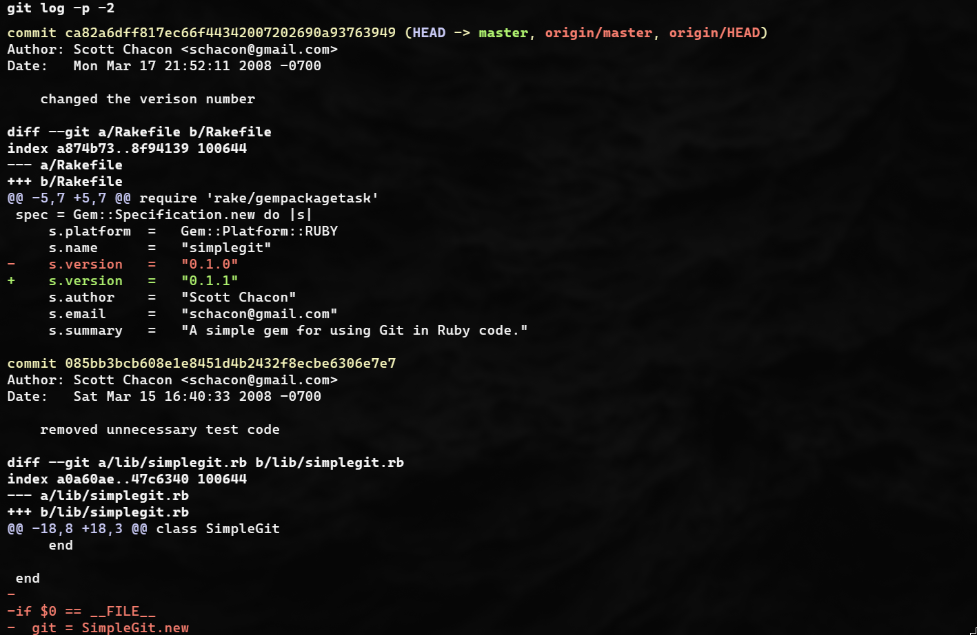 Output de git log -p -2