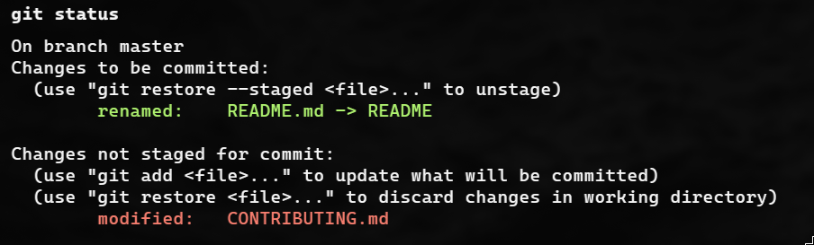 Output de git status (staged)